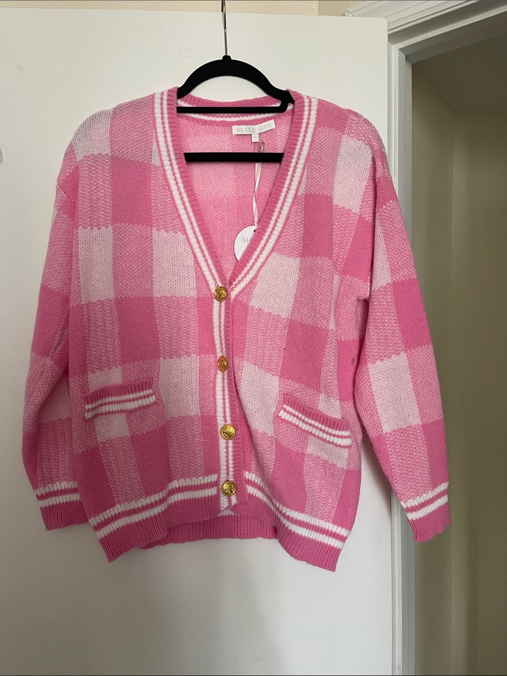 Pink Checked V-Neck Cardigan Sweater